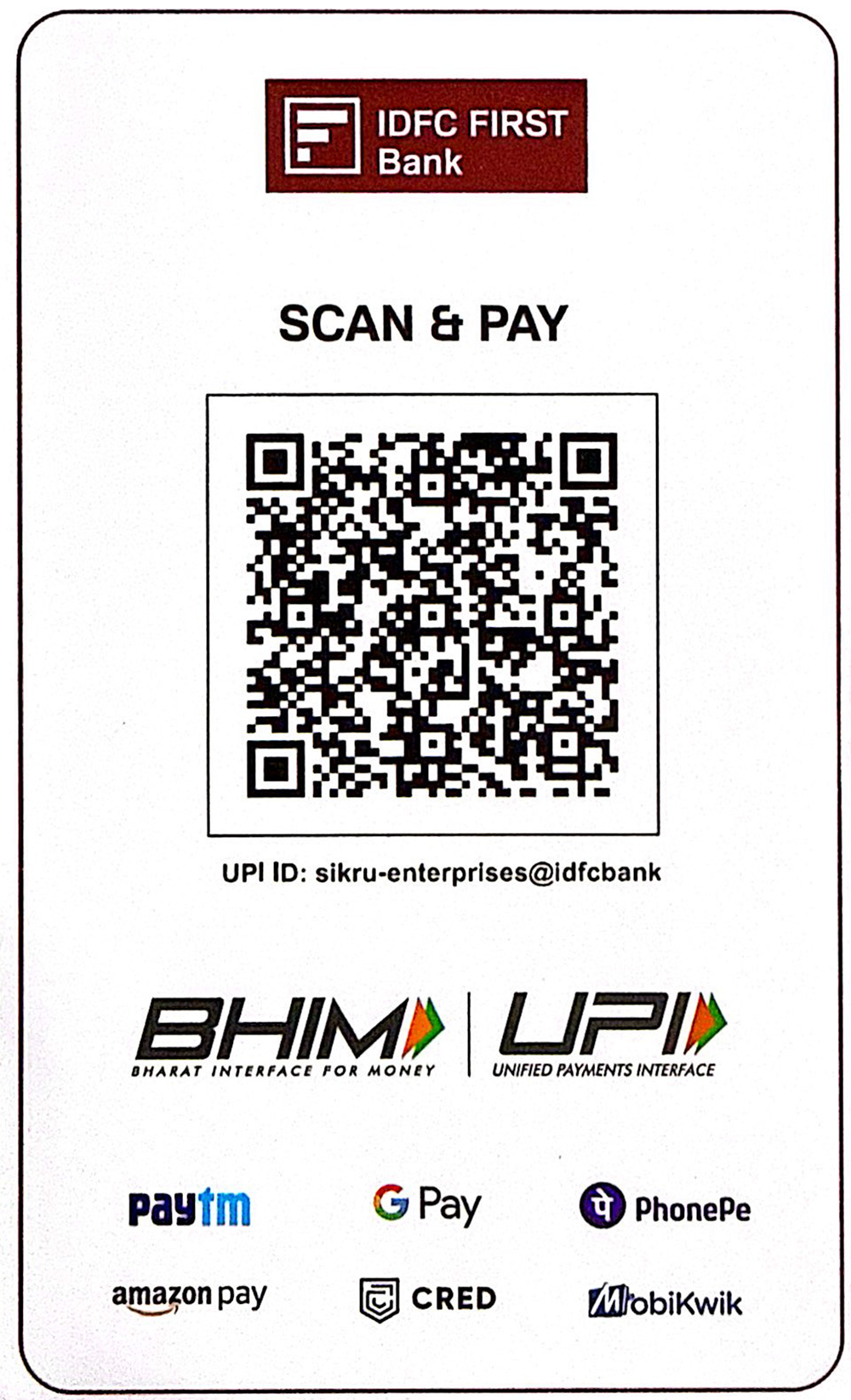 SIKRU Enterprises UPI QR code — scan to pay with any UPI app
